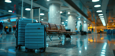 Three suitcases sit on a bench in an airport terminal, waiting for their owner to return. The terminal is empty, with only blurred figures in the distance.の素材