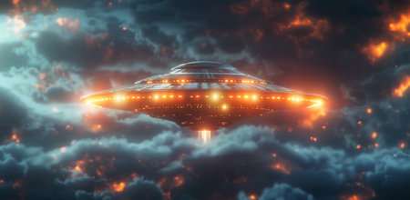 A large, sleek spaceship with glowing lights emerges from a field of white and gray clouds.の素材