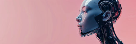 A close-up profile view of a cyborg woman with exposed mechanical parts, wires, and circuitry against a red backdrop.の素材