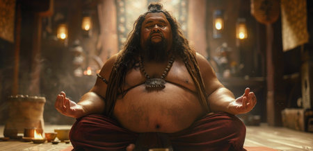 A bearded, animated character sits in a meditative pose in a colorful, Asian-inspired setting.の素材