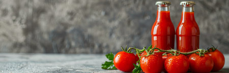 Two glass bottles filled with tomato sauce are arranged on a gray surface, surrounded by fresh red tomatoes and green basil leaves.の素材