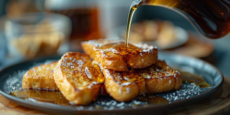 A plate of golden French toast is being drizzled with syrup as the sun sets in the background.の素材