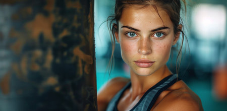 A woman with blue eyes looks at the camera while posing near a wall in a gym.の素材
