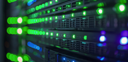 A row of server racks with glowing lights, showing the intricate details of a modern data center.の素材