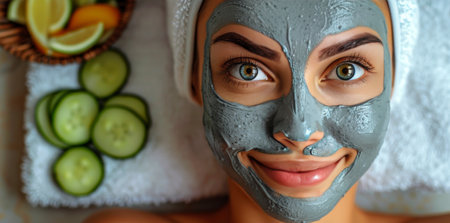 A woman with a gray clay mask on her face smiles while lying down. Cucumber slices are visible in the background.の素材