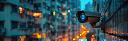 A security camera is mounted on a wooden pole in front of a row of apartment buildings at night. The buildings are lit up with bright lights, and the camera is pointed towards the street.の素材