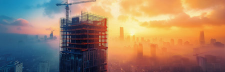 A large crane operates on a tall building under construction, with the sun setting behind a tall skyscraper. The city of Dubai is visible in the background, with fog rolling in.の素材