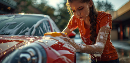 A young woman wearing an orange shirt washes a red car covered in soapy water with a yellow sponge.の素材