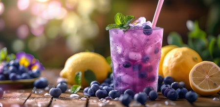 A refreshing blueberry lemonade drink with a lemon slice and ice, surrounded by blueberries, lemons, and purple flowers.の素材