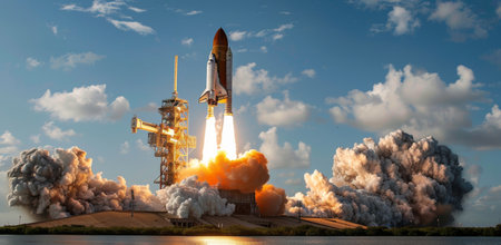 A space shuttle launches from a launch pad, leaving behind large plumes of smoke and fire.の素材