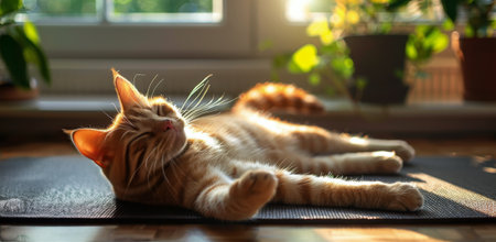 A ginger tabby cat lies on a black yoga mat in a sunbeam, basking in the afternoon light coming through a nearby window.の素材