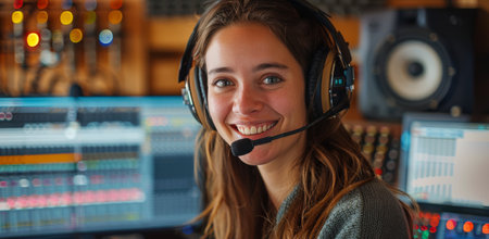 A young woman smiles while wearing headphones and recording music in a studio.の素材