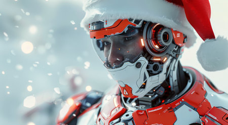 A white robot with a Santa hat stands in a snowy winter scene, with a blurred background of Christmas lights.の素材