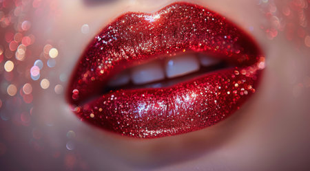 A woman's lips with red glitter lipstick.の素材