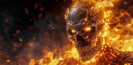 A skeletal figure with glowing eyes bursts from a raging inferno, surrounded by swirling flames and embers.の素材
