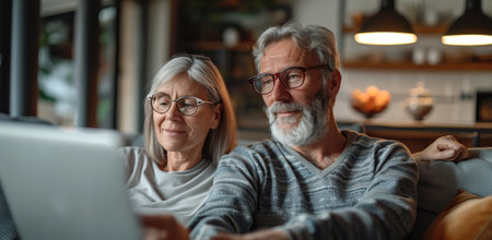 A senior couple smiles while looking at a laptop screen, sitting on a couch in a well-lit living room.の素材