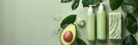 Two bottles of avocado-infused lotion with pumps and a bar of avocado soap are displayed on a green background with green leaves.の素材