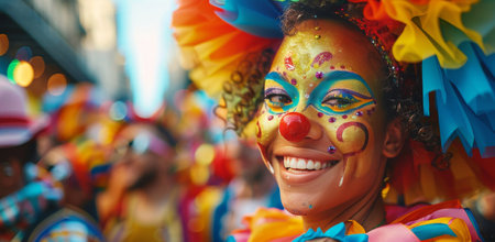 A woman wearing colorful clown makeup and a bright orange ruffled hat smiles at the camera during a street festival.の素材