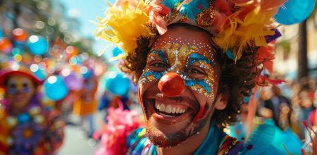 A man in a colorful costume with feathers and glitter smiles broadly at the camera.の素材