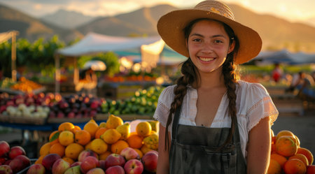 A young woman with a smile stands at a produce stand, surrounded by fresh fruit and vegetables at an outdoor market. The sun is setting in the background, casting a warm glow over the scene.の素材