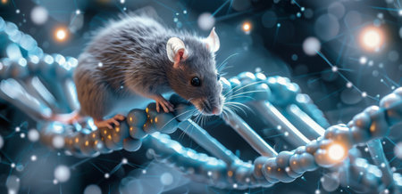 A gray mouse with large ears walks along a glowing blue DNA structure, surrounded by a dark background with water droplets.の素材