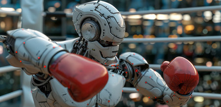 A white, robotic fighter with red eyes wears red boxing gloves while standing in a boxing ring.の素材