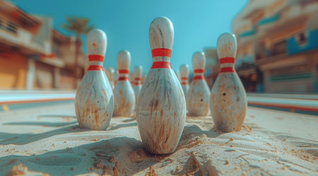 A red bowling ball sits in the middle of a lane in an abandoned bowling alley. A row of worn bowling pins stands behind the ball, with dust and debris on the floor.の素材