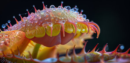 A macro photo of a carnivorous pitcher plant, showing its intricate trap with numerous bristles and a translucent, sticky surface.の素材