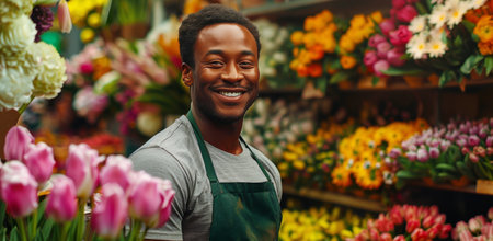 A smiling Black man wearing a green apron stands in a flower shop surrounded by brightly colored flowers.の素材