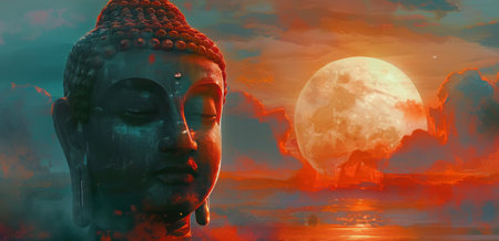 A close-up of a Buddha statue, eyes closed, with a setting sun and full moon in the background.の素材