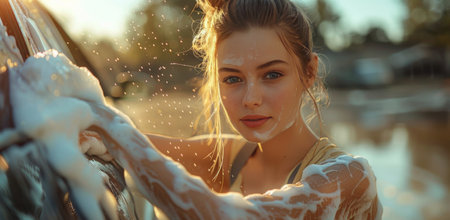A woman washes a car with a sponge and soapy water.の素材