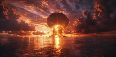 A massive nuclear explosion erupts over a calm ocean at sunset, casting an orange glow over the clouds and water.の素材