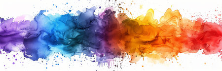 A colorful watercolor painting with splashes of purple, blue, green, yellow, orange, and red.の素材