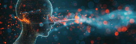A digital human figure with glowing blue eyes exhales blue particles against a dark, bokeh-filled background.の素材