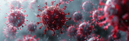 A digital rendering of several coronavirus particles against a background of red and blue hues.の素材