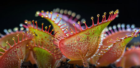 A group of Venus flytrap leaves with red and green colors, covered in tiny dewdrops, against a dark background.の素材