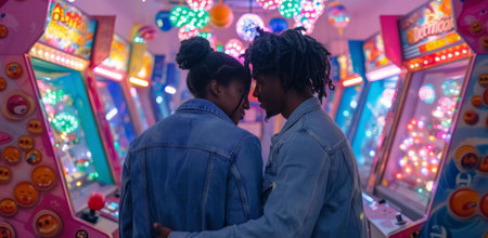 A young couple walks through an arcade, illuminated by brightly colored lights, with their backs to the camera.の素材