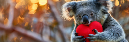 A koala sits in a tree and holds a red heart in its paws, looking directly at the camera.の素材