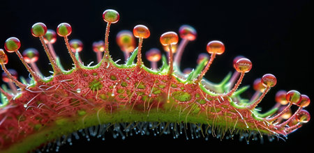 A macro shot of a carnivorous plant leaf with dew drops on its surface.の素材