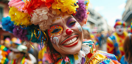 A woman wearing colorful clown makeup and a bright orange ruffled hat smiles at the camera during a street festival.の素材