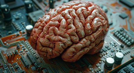 A human brain sits on a circuit board, its complex network of folds and fissures mirroring the intricate pathways of the electronic board.の素材