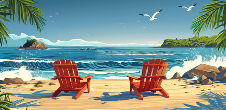 Two red Adirondack chairs sit on a sandy beach, facing the ocean waves, with a small island and palm trees in the background.の素材