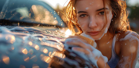 A woman washes a car with a sponge and soapy water.の素材