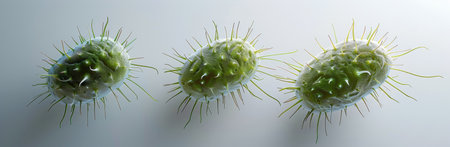 Three green bacteria are floating in a clear liquid, their spiky surfaces visible.の素材