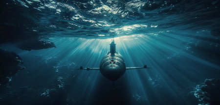 A submarine is submerged in clear ocean water, with sunlight rays shining down from above.の素材