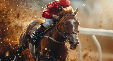 A jockey in red and white racing silks rides a brown horse, with the track blurred in the background.の素材