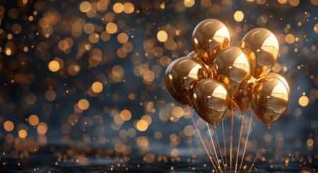 A bunch of gold balloons float against a dark background with glittering lights.の素材