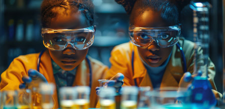 Two young scientists wearing lab coats and safety goggles lean forward in a brightly lit laboratory, intensely focused on an experiment.の素材