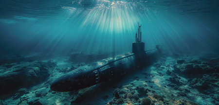 A submarine rests on the ocean floor, sunlight filtering through the water above, casting beams of light down onto the submarine and the surrounding coral reefs.の素材