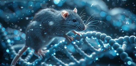 A gray rat stands on a blue DNA strand, with a background of blurry blue lights.の素材